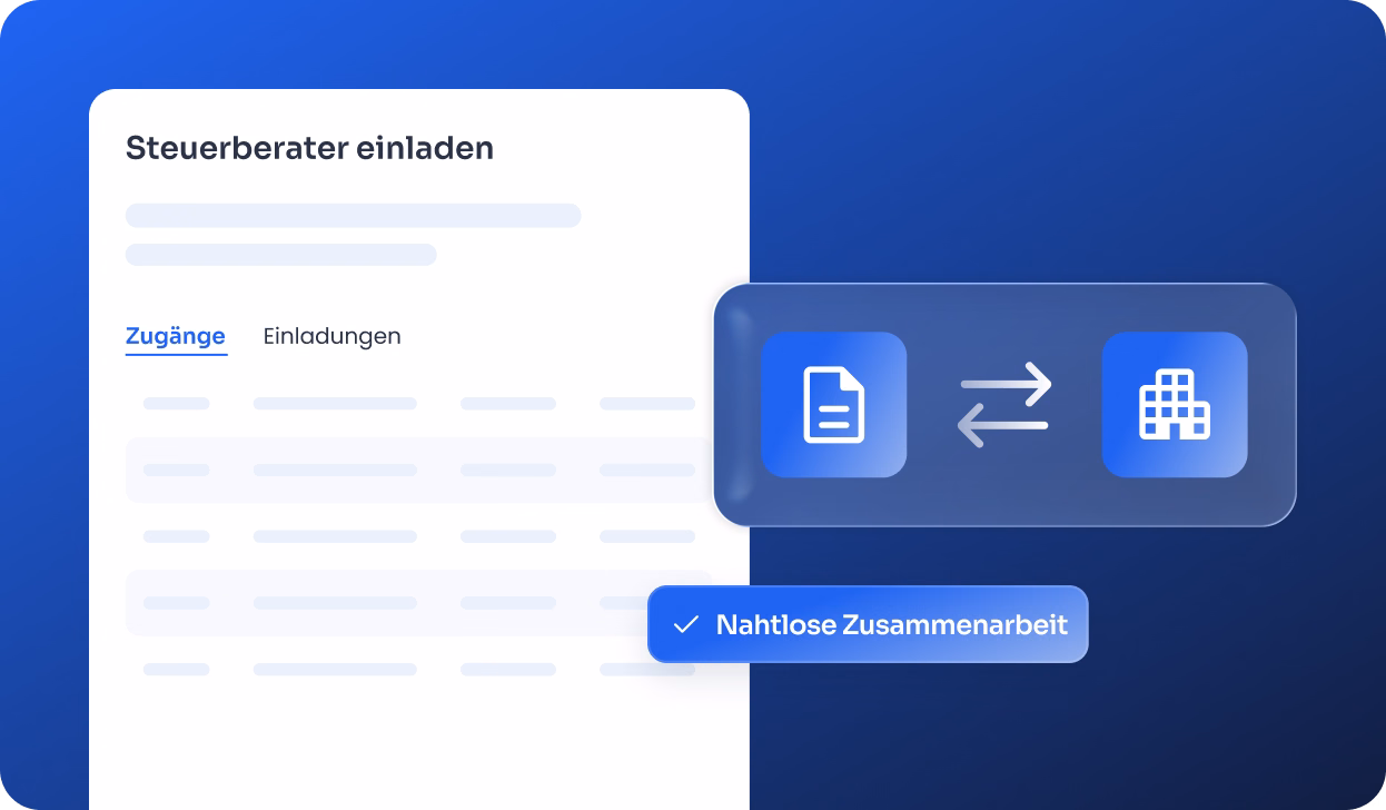 Benutzeroberfläche zum Einladen von Steuerberatern mit Tabs für Zugänge und Einladungen, daneben Symbol für Dokumentenaustausch zwischen Nutzer und Unternehmen mit Hinweis 'Nahtlose Zusammenarbeit'.