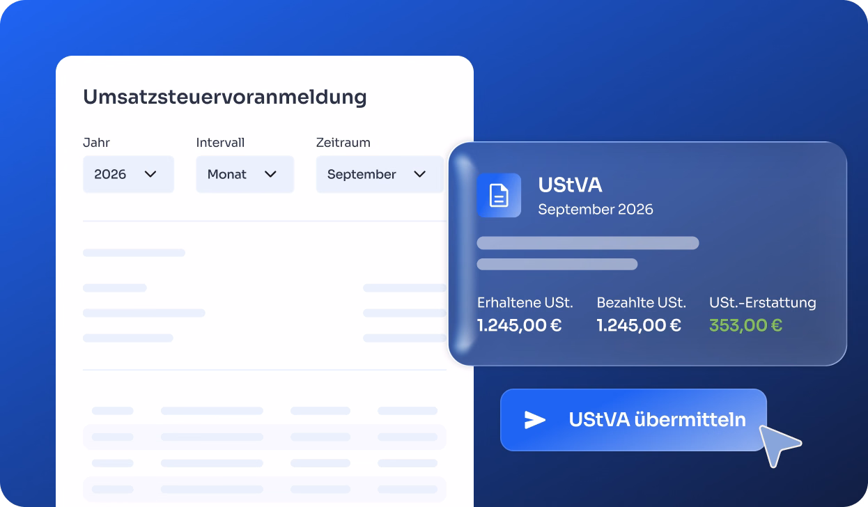 Digitale Anzeige einer Umsatzsteuervoranmeldung für September 2026 mit Auswahlfeldern für Jahr, Intervall und Zeitraum, dazu ein Infofeld mit erhaltenen und bezahlten Umsatzsteuern jeweils 1.245,00 € und einer Umsatzsteuererstattung von 353,00 €, sowie ein blauer Button mit Schriftzug 'UStVA übermitteln' und einem Mauszeiger.