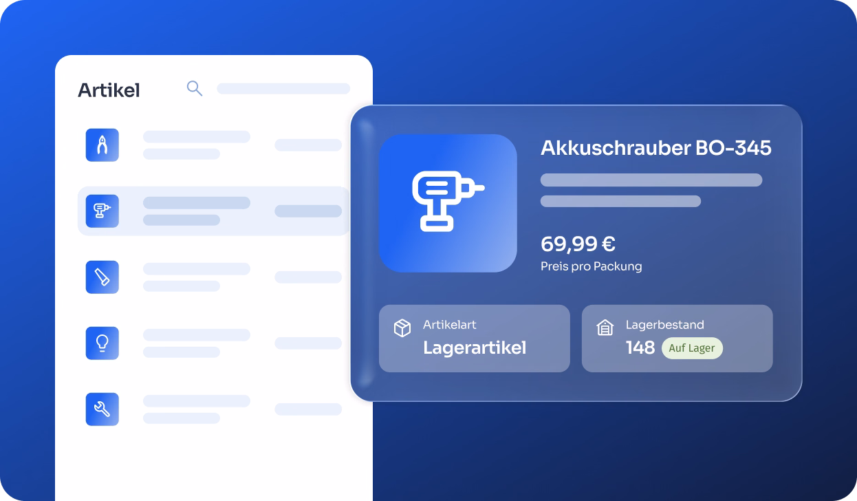 Benutzeroberfläche eines Warenwirtschaftssystems mit einer Artikelliste und hervorgehobenem Detailfenster für den Akku-Schrauber BO-345, Preis 69,99 Euro pro Packung, Artikelart Lagerartikel, Lagerbestand 148 Stück, Status Auf Lager.