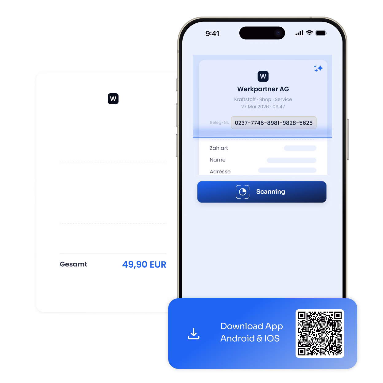 Smartphone mit der orgaMAX App beim Scannen eines Belegs der Werkpartner AG
