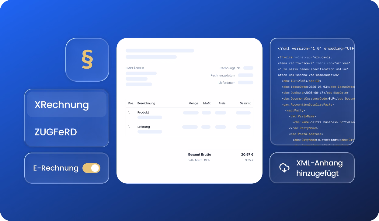 Illustration der E-Rechnung in orgaMAX mit Paragrafen-Symbol und Formatoptionen