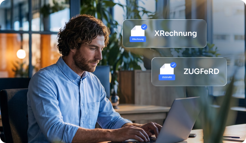 Visualisierung einer E-Rechnung mit XML-Daten im Hintergrund und einer Rechnungsdarstellung im Vordergrund