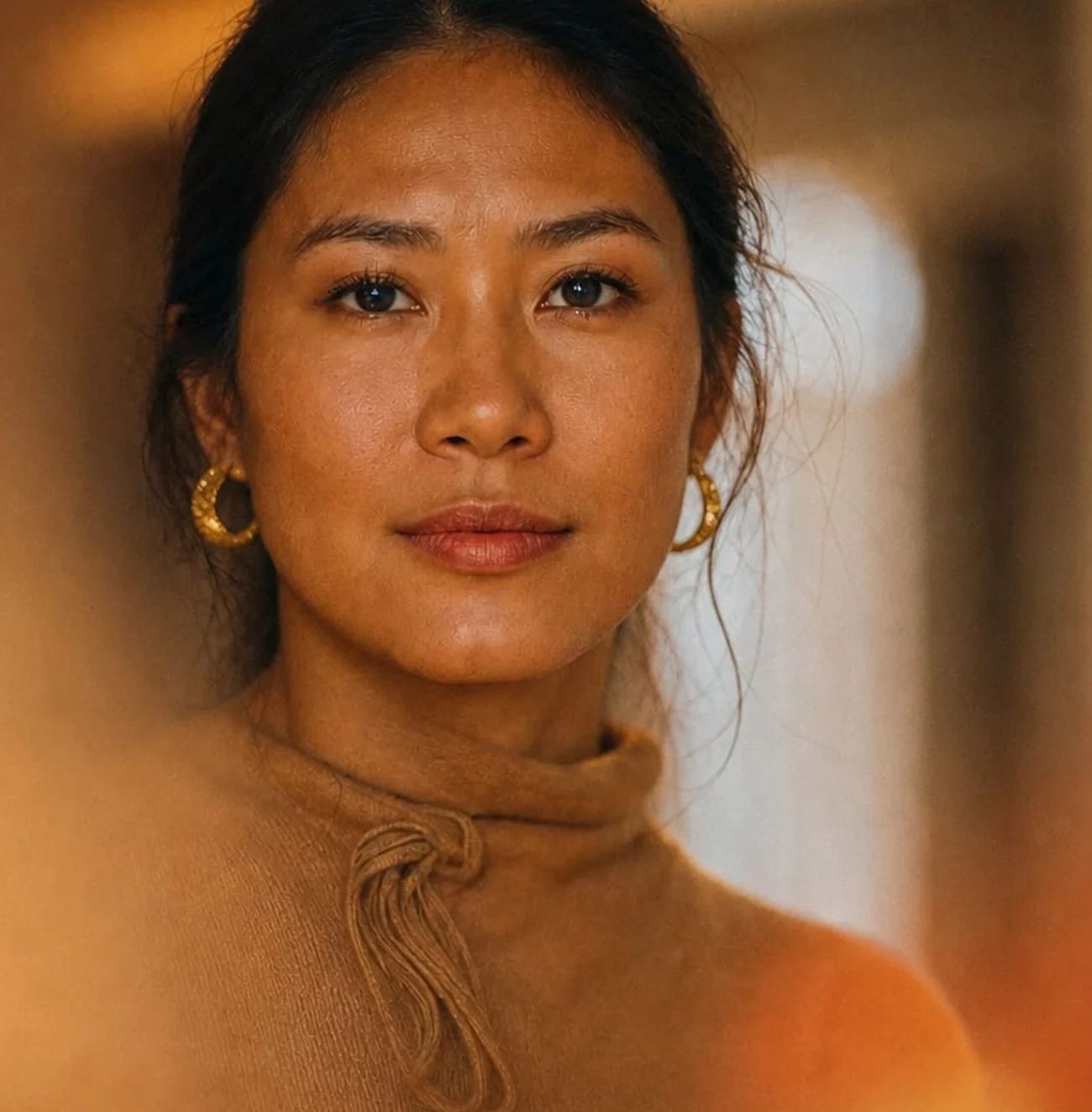 Portrait of a woman in a camel roll-neck, looking at the camera