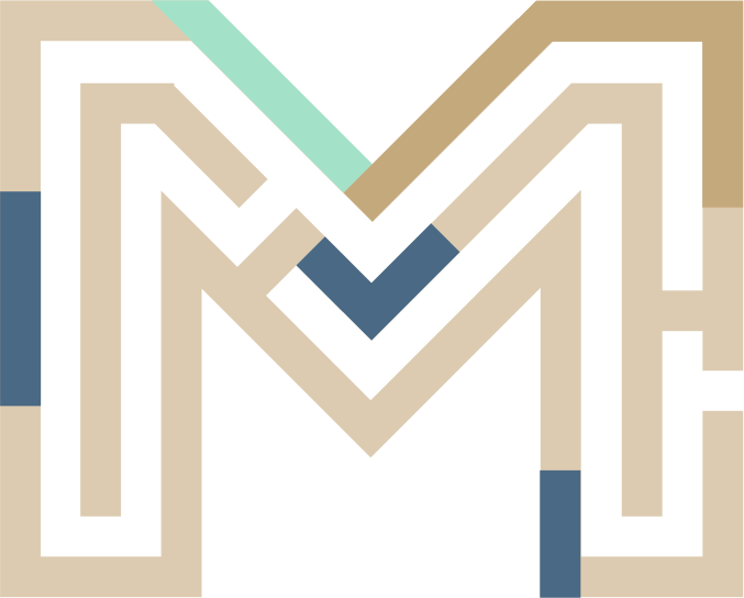 Abstract geometric design forming an interlocking M shape with beige, blue, gold, and teal colors.