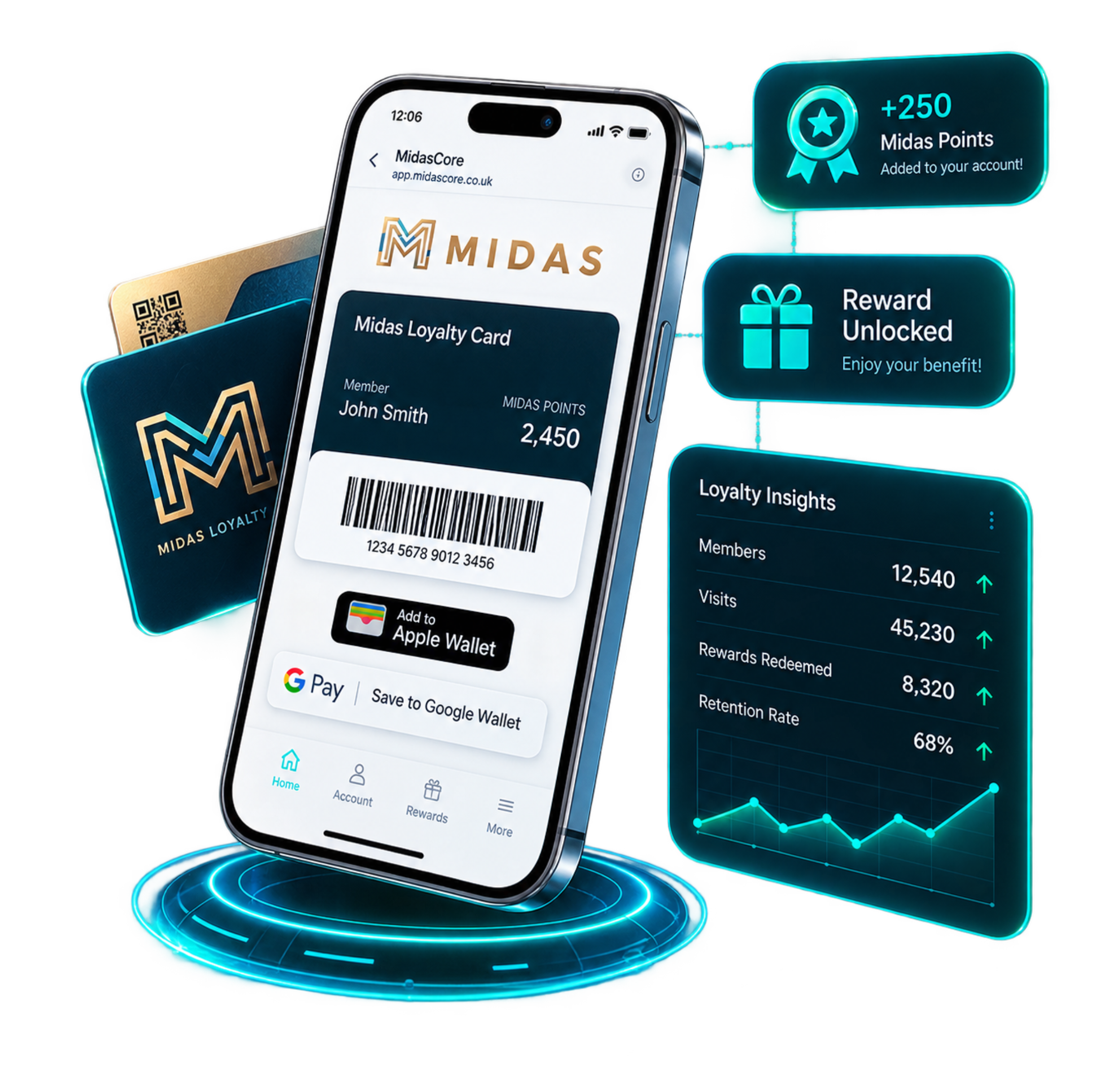 Digital customer growth system with wallet loyalty, NFC, QR, reviews, messages and rewards.