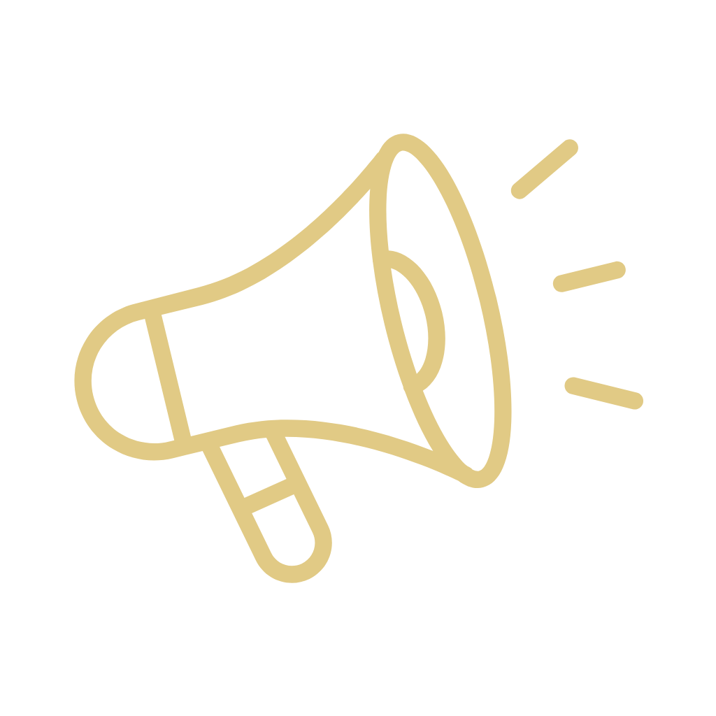 Simple gold megaphone icon with sound lines on a black background.