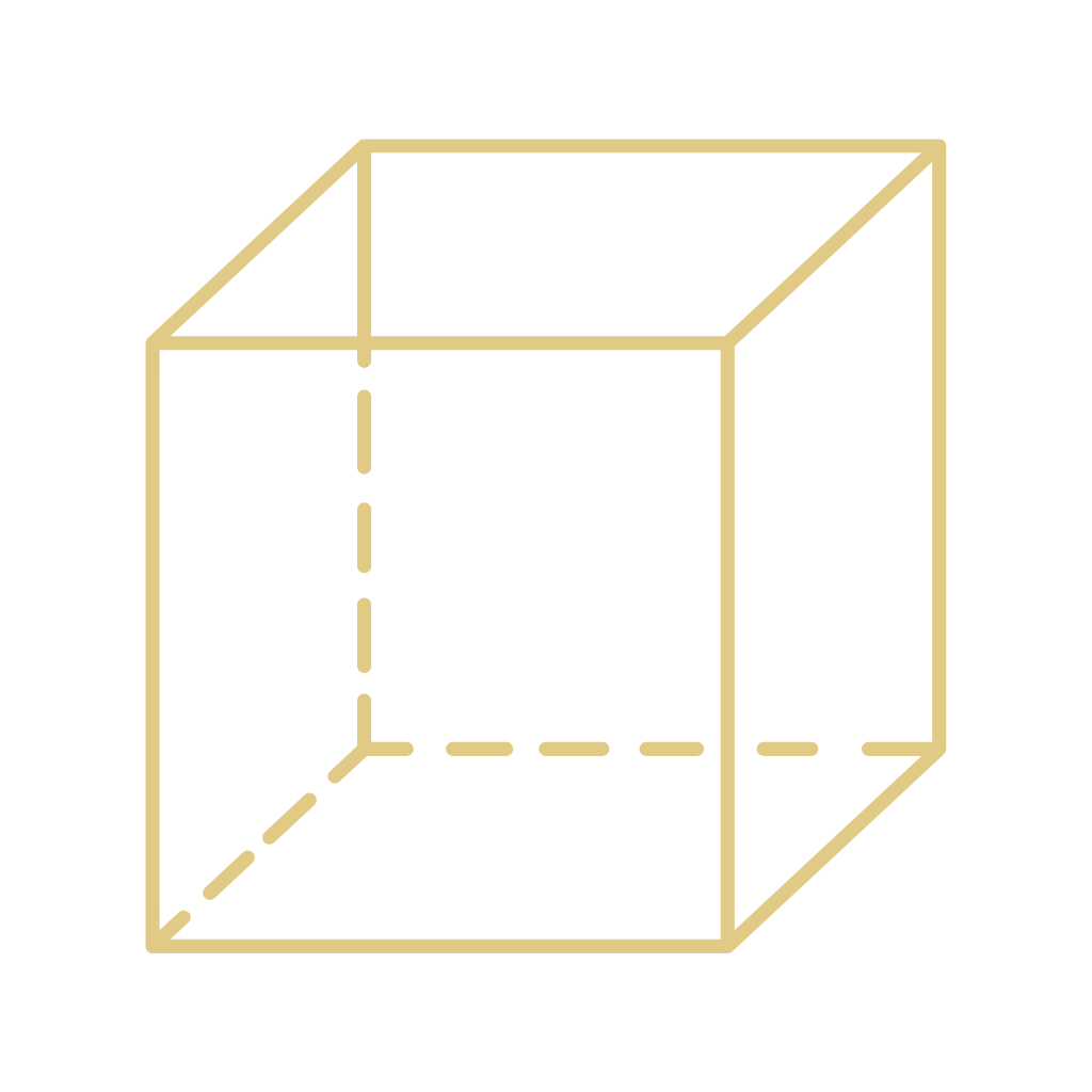 Simple gold outline of a transparent box with dashed lines on hidden edges on a black background.