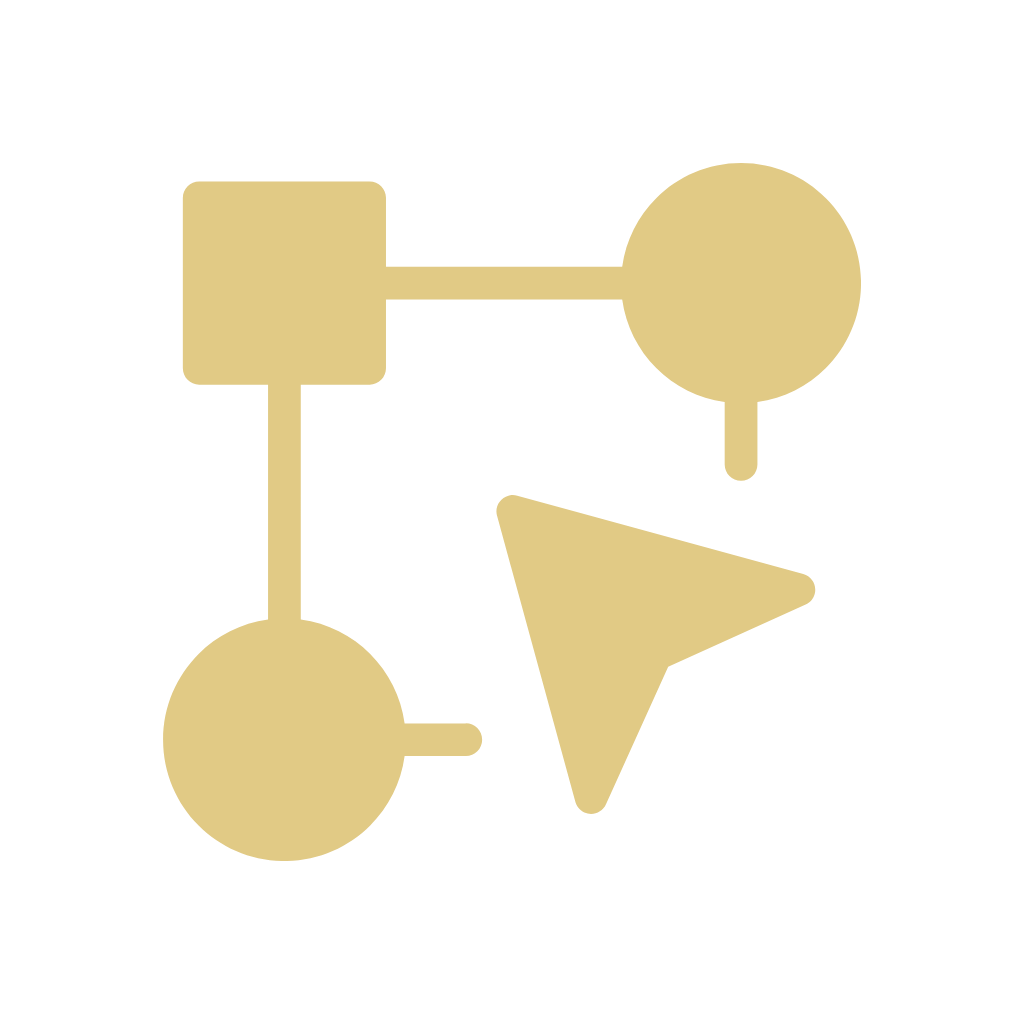 Gold vector graphic showing connected square and circles with a cursor pointer icon.