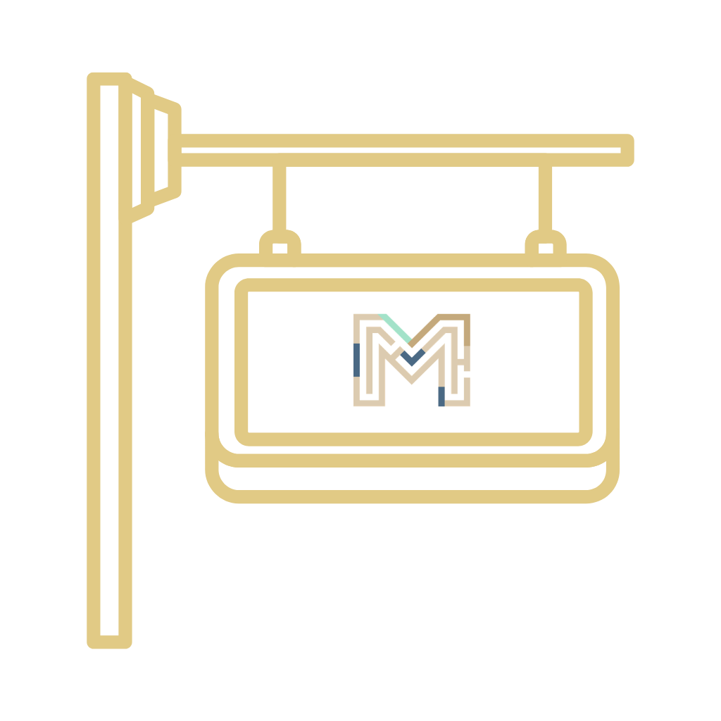 Golden outline of a hanging signpost with a stylized letter M inside the sign.