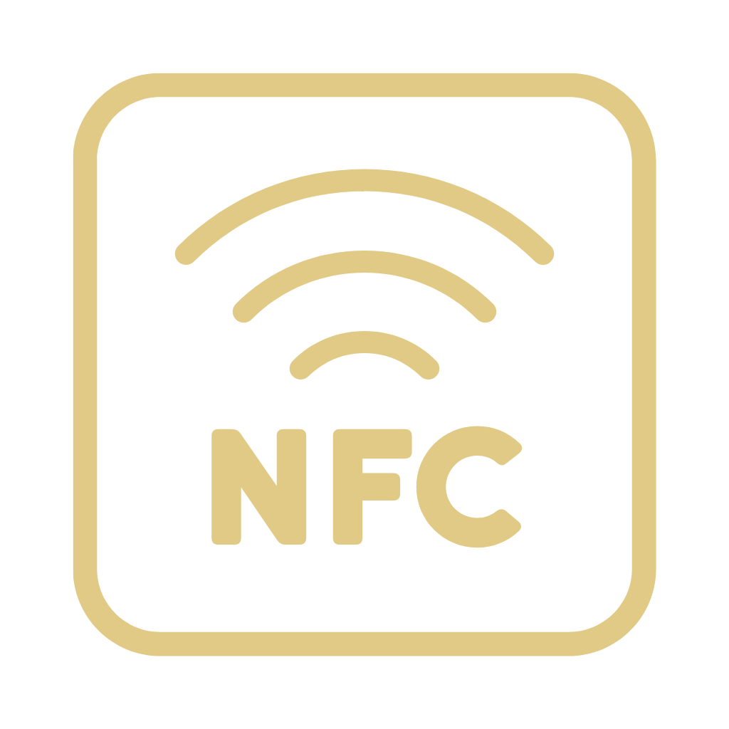 Gold NFC symbol with three curved lines above the letters NFC inside a rounded square border.
