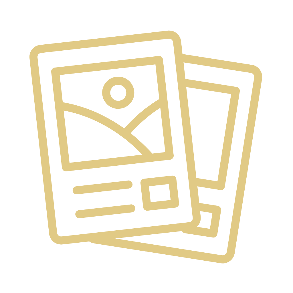 Two stylized, overlapping photo icons with landscape and sun outlines in beige on black background.