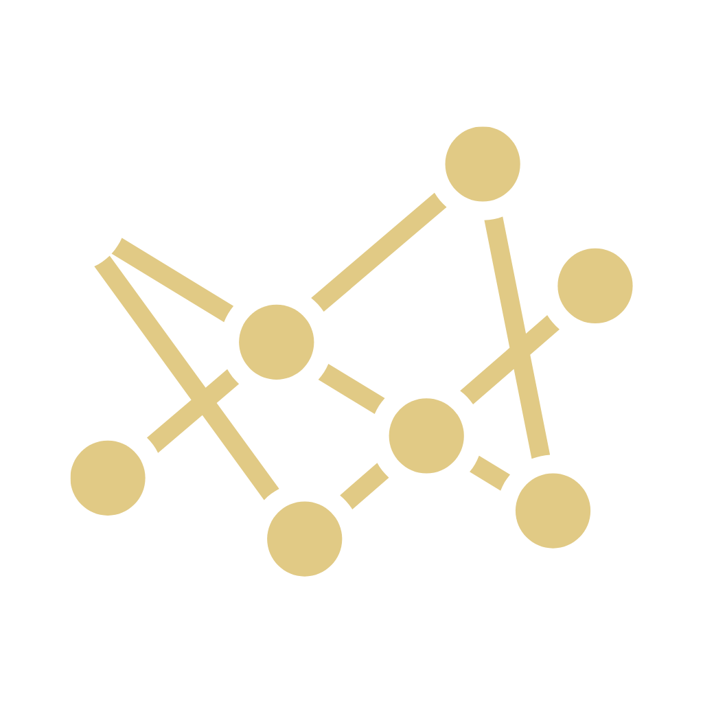 Abstract network of gold circles connected by gold lines on a black background.