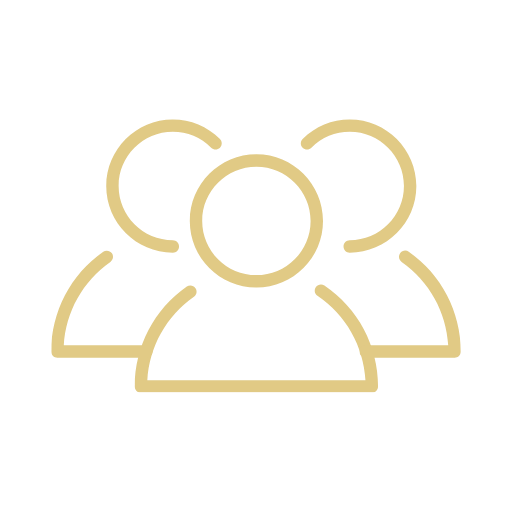 Icon of three people representing a group or team, outlined in gold.