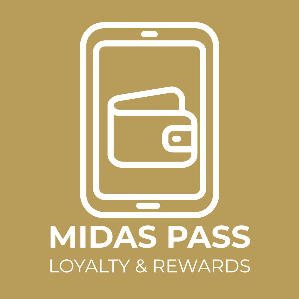 White wallet icon inside phone outline above text 'MIDAS PASS LOYALTY & REWARDS' on gold background.