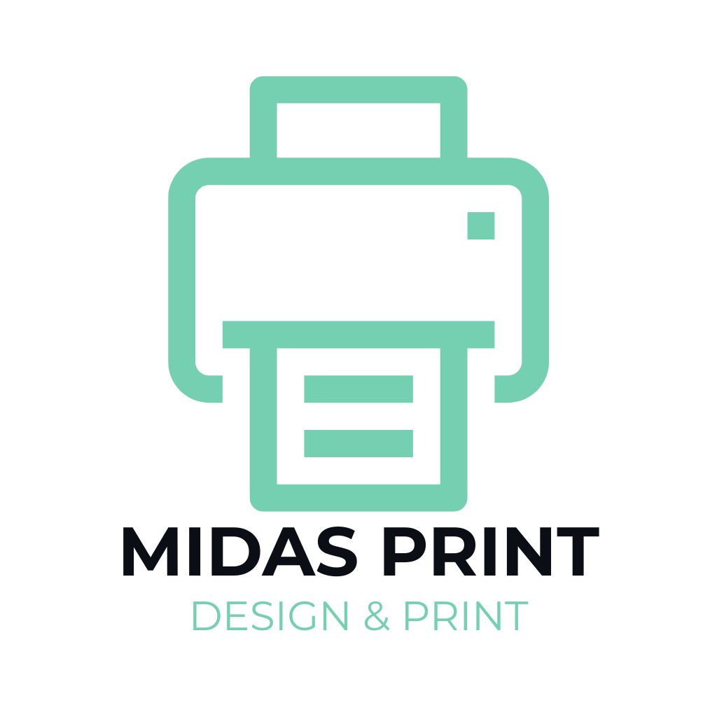 Green printer icon above bold text 'MIDAS PRINT' and smaller text 'DESIGN & PRINT'.