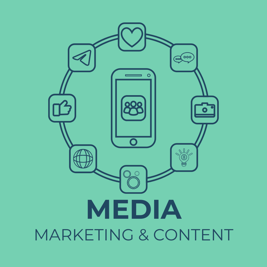 Mobile phone icon surrounded by various media and communication icons with text Marketing & Content