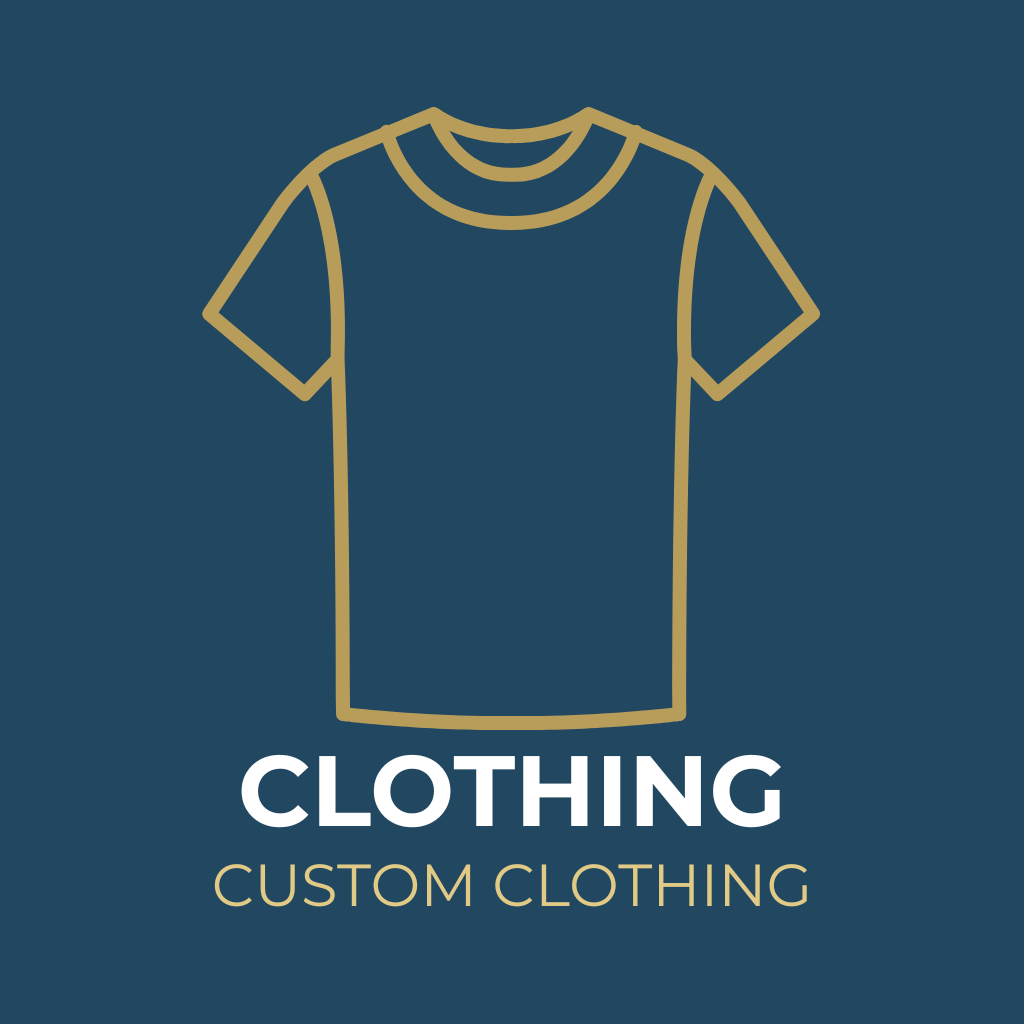 Outline of a t-shirt above the words 'Clothing' and 'Custom Clothing' on a dark blue background.