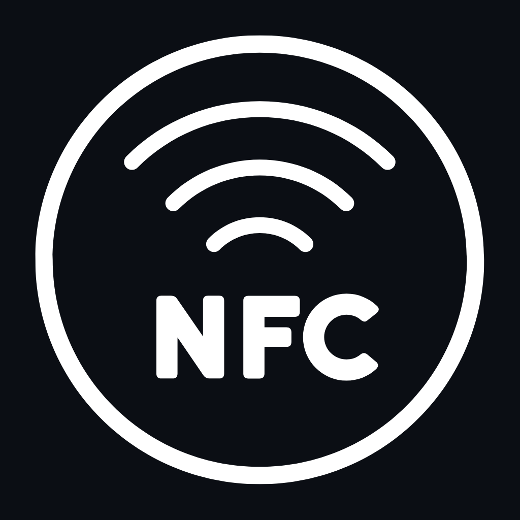 White NFC symbol with three curved lines inside a circle on a black background.