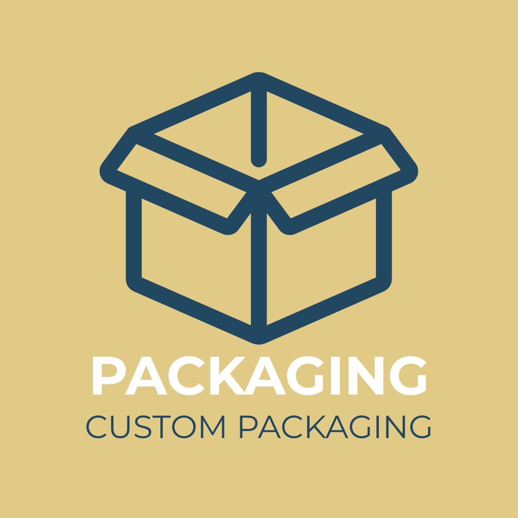 Line drawing of an open box icon with text 'PACKAGING' and 'CUSTOM PACKAGING' below on yellow background.