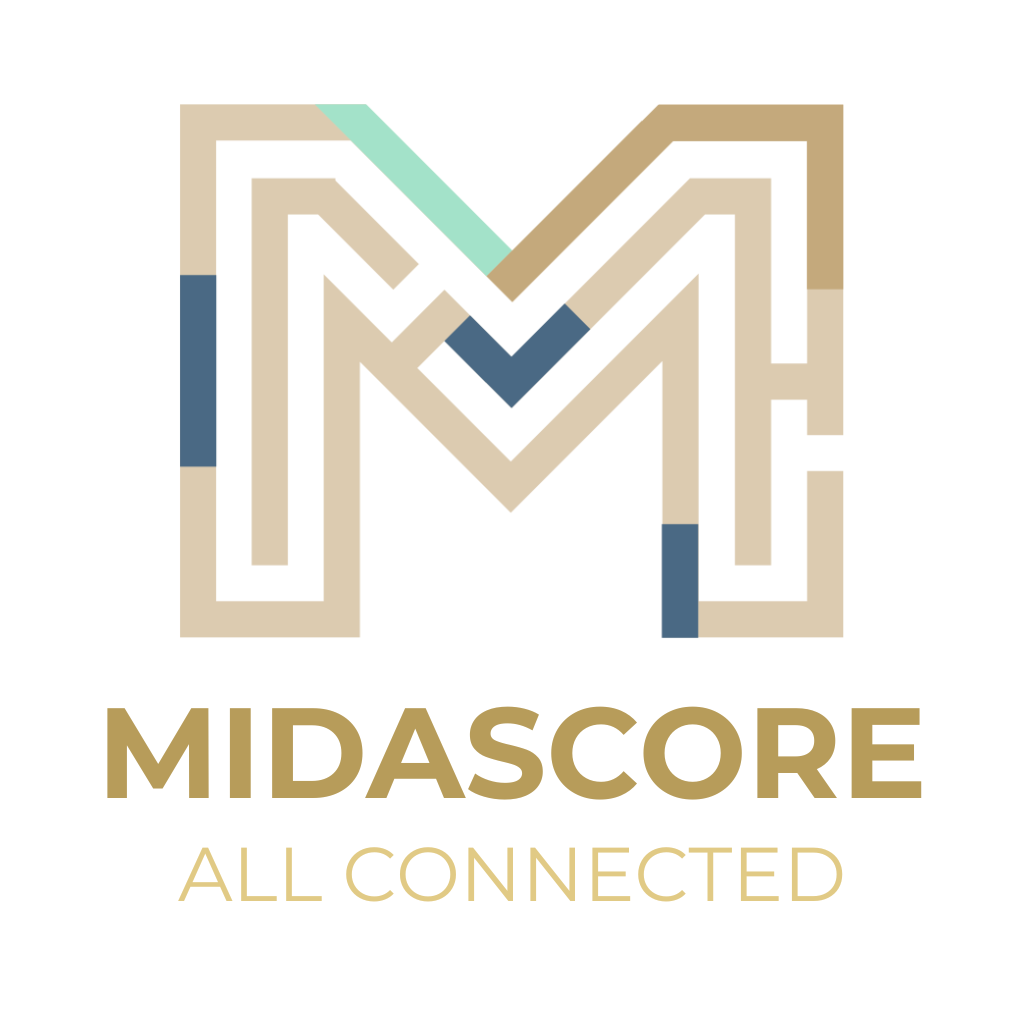Stylized letter M with geometric lines above text MIDASCORE ALL CONNECTED