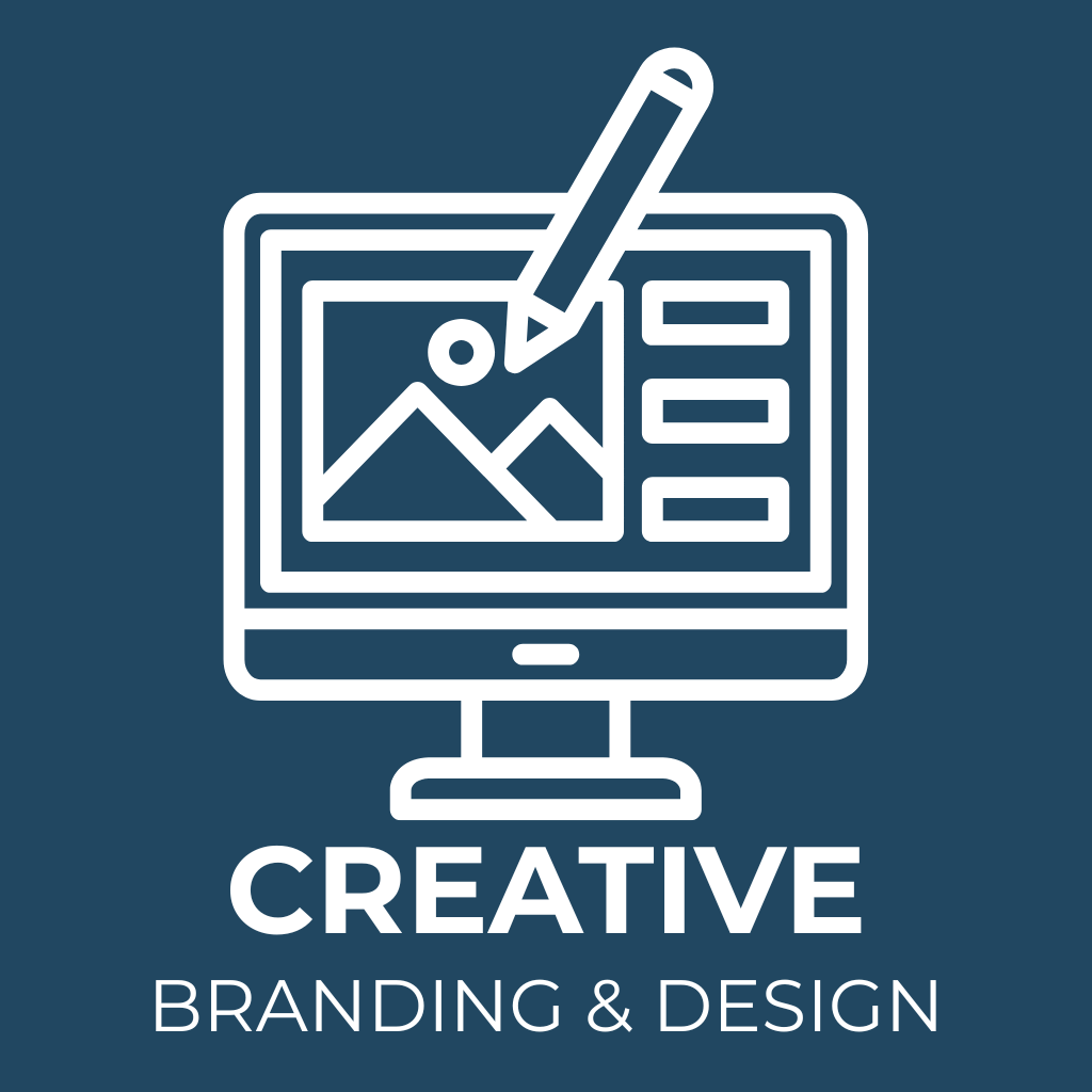 Icon of a computer screen showing image editing with a pencil and text, labeled Creative Branding & Design.