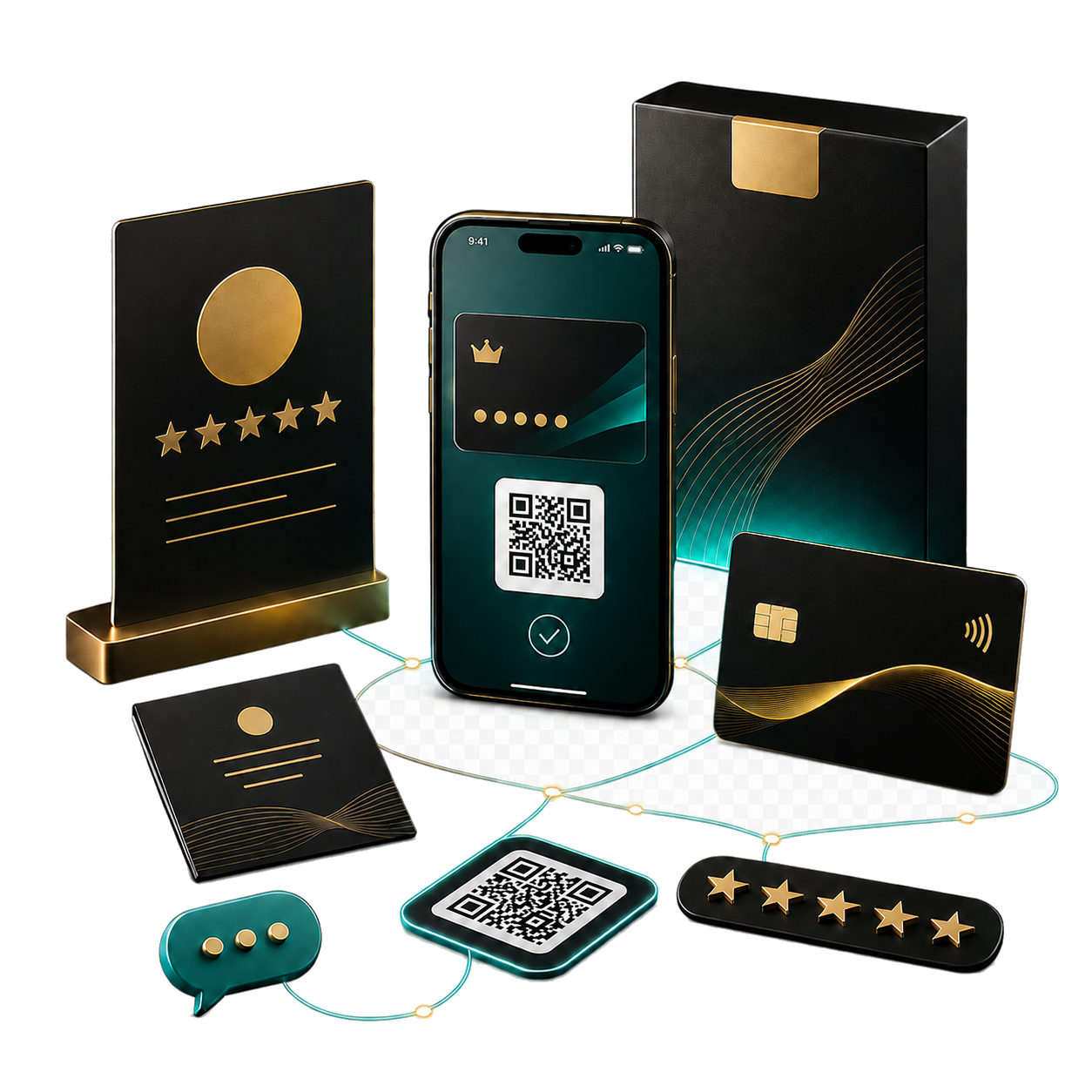 MidasCore connected customer growth pack with QR, NFC, reviews, packaging and mobile loyalty