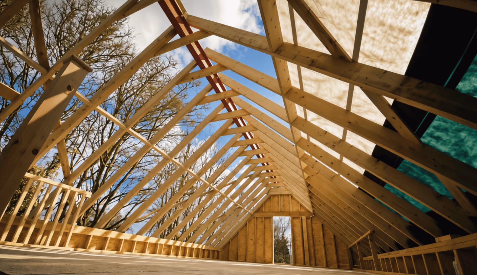 Interior view of a wooden roof frame under construction with angled beams and open rafters against a blue sky with clouds and bare trees visible outside.