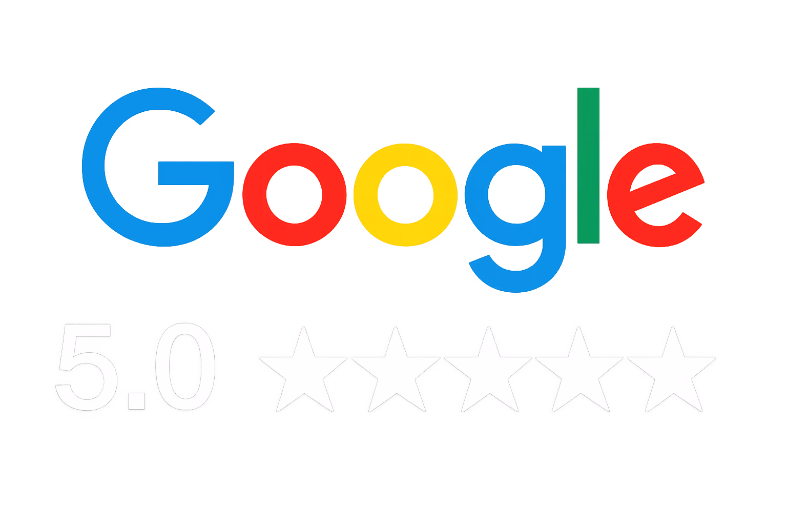 Google logo above a 5.0 rating with five white stars outlined in black.