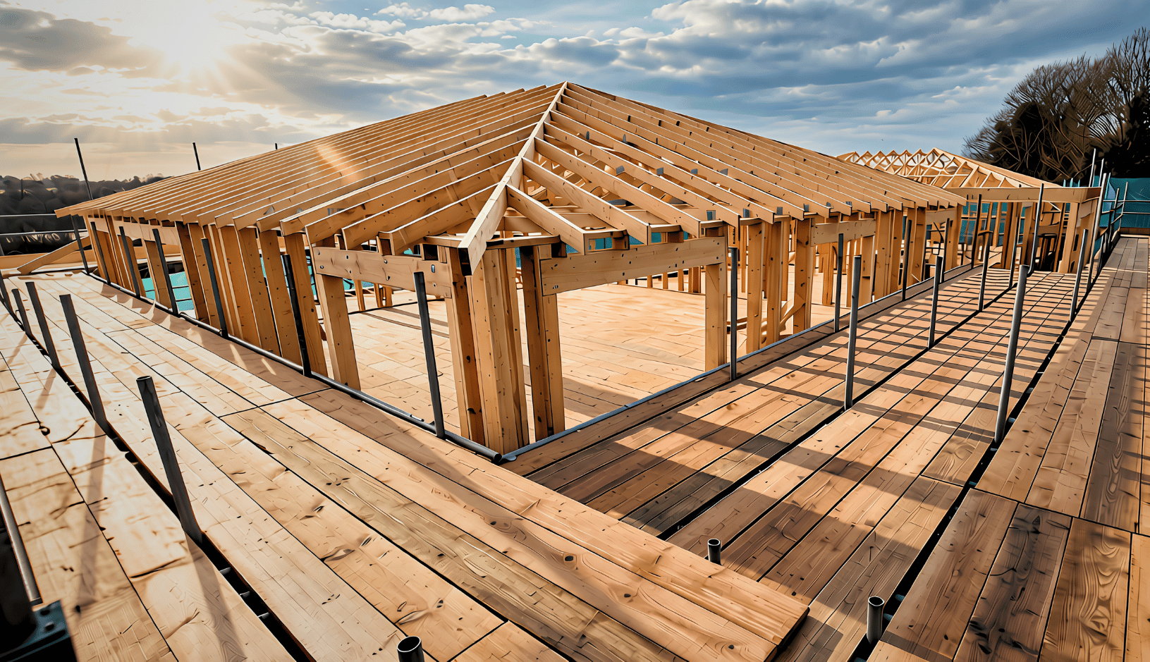 Wooden frame structure of a house under construction with partially completed roof trusses and a wooden platform surrounding it under a cloudy sky with sunlight.