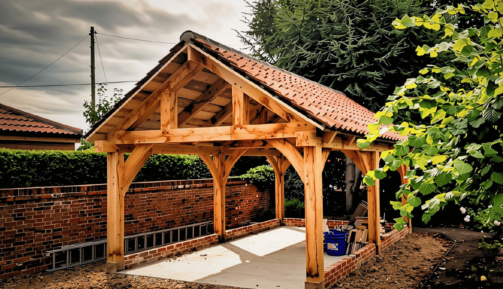 Wooden gazebo with a tiled roof under construction in a garden area with brick walls, green shrubs, and trees around it.