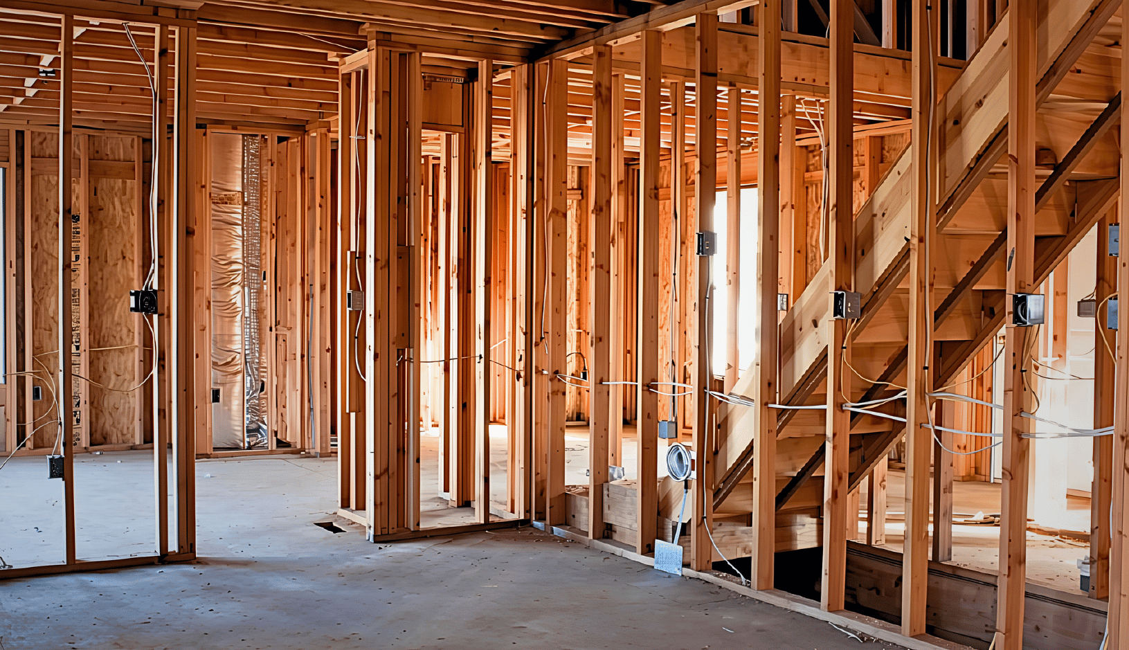 Interior of a house under construction showing wooden framing, exposed electrical wiring, and stairs without drywall or finishing.