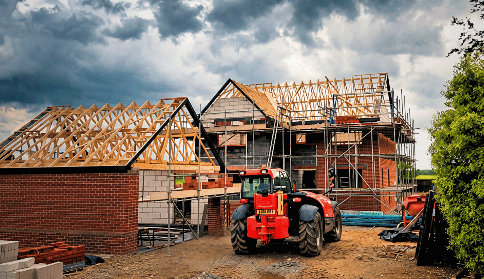 A construction site with two partially built houses featuring brick walls and wooden roof frames under a cloudy sky, with a red tractor parked in front and scaffolding around the buildings.