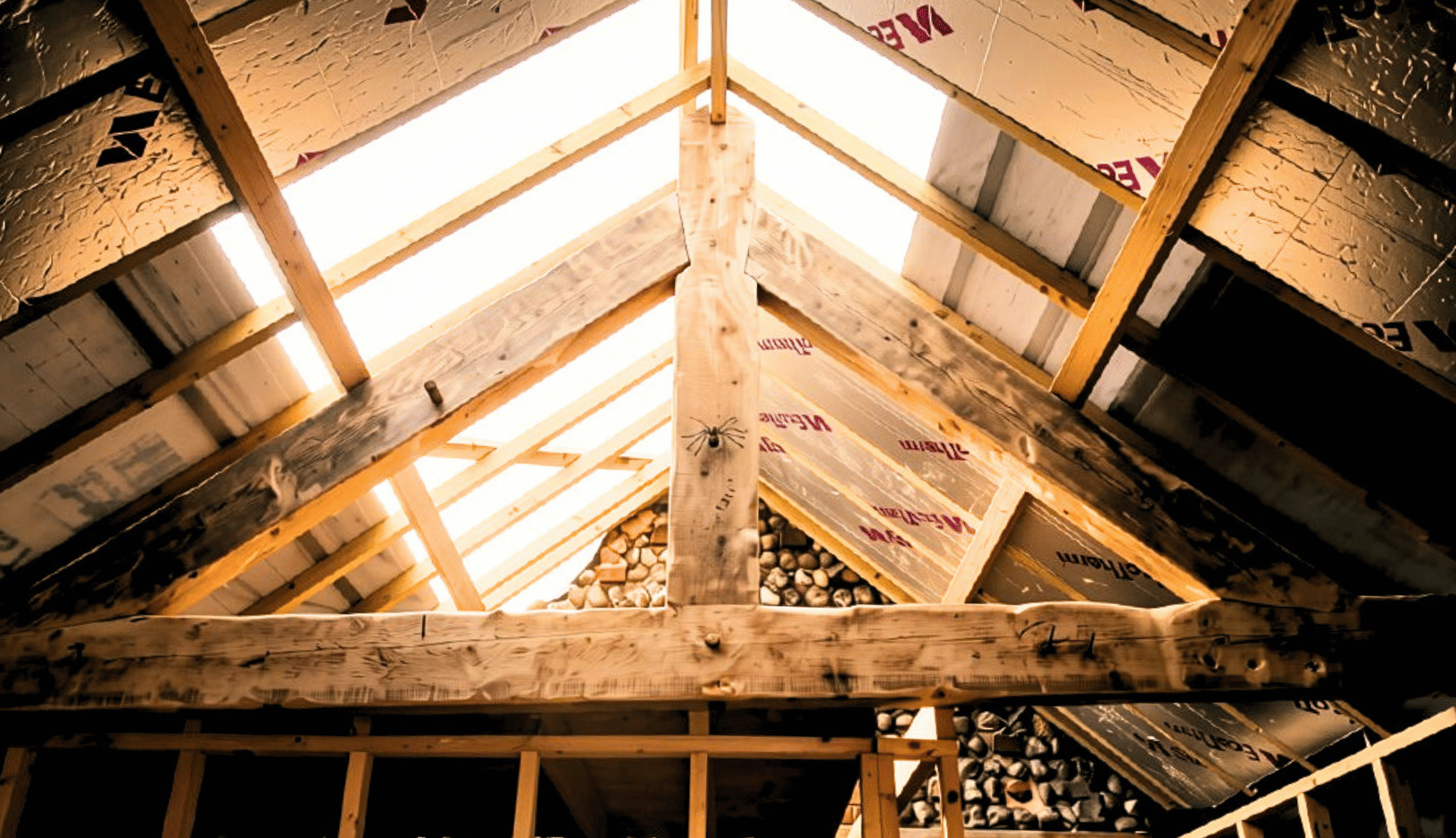Interior view of a wooden attic under construction with visible beams and insulation panels, and a small spider on one of the central beams.