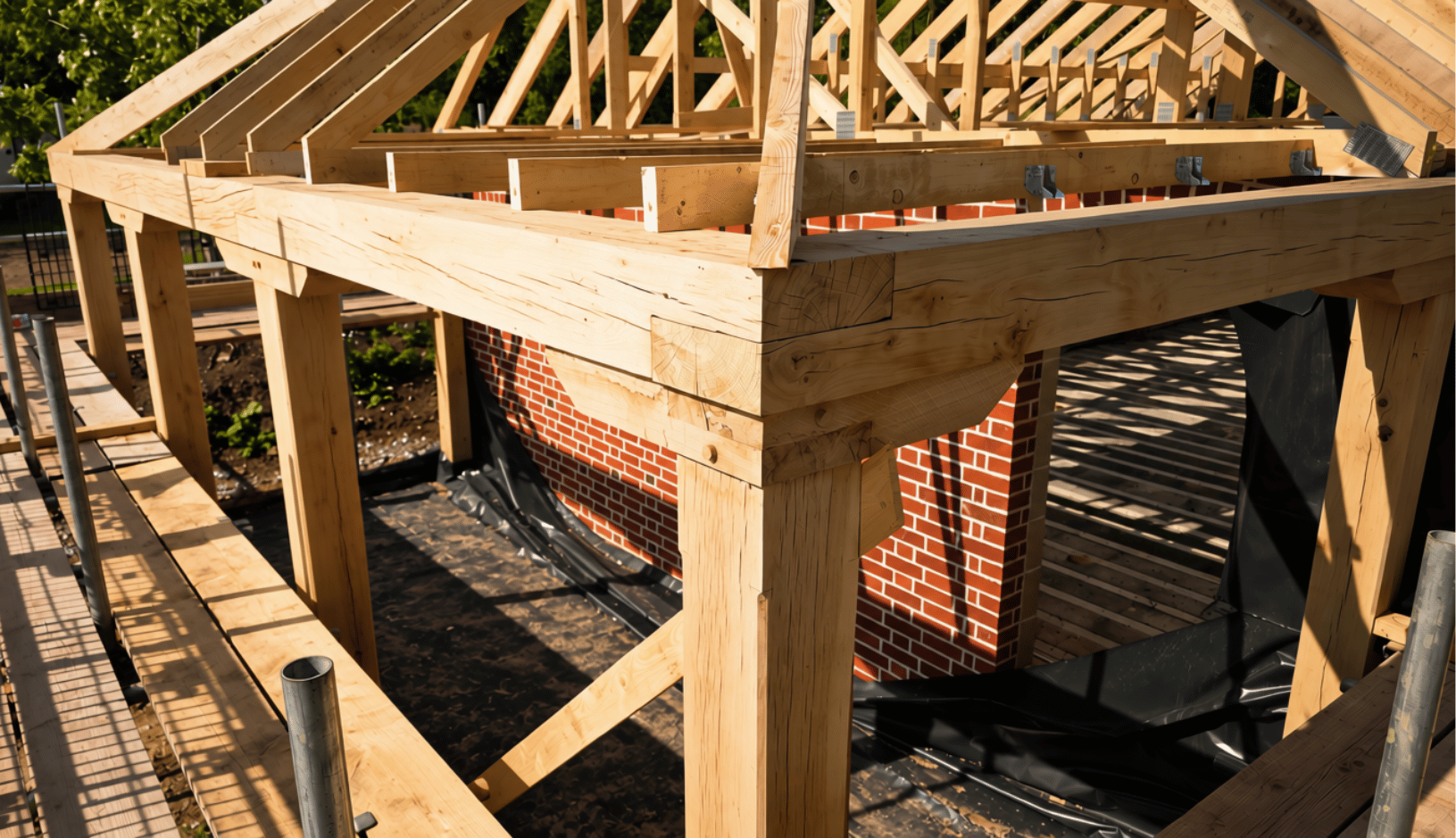 Close-up of wooden framework structure with beams and rafters forming a roof over a brick wall, under construction with scaffolding visible on the left.