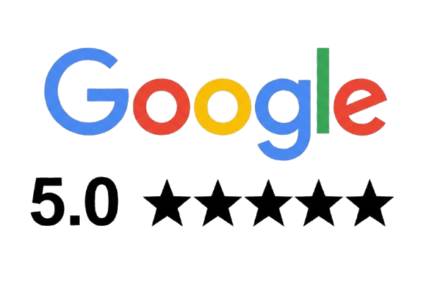 Google logo in blue, red, yellow, green, and red letters above a rating of 5.0 with five black stars outlined but not filled.