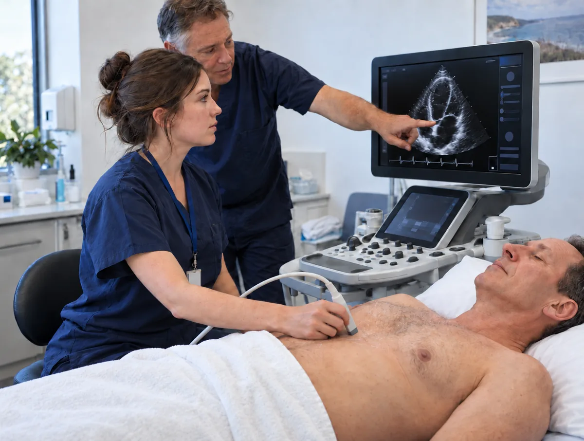 A cardiac sonography student scans a volunteer's chest while an educator points to the echo image on screen