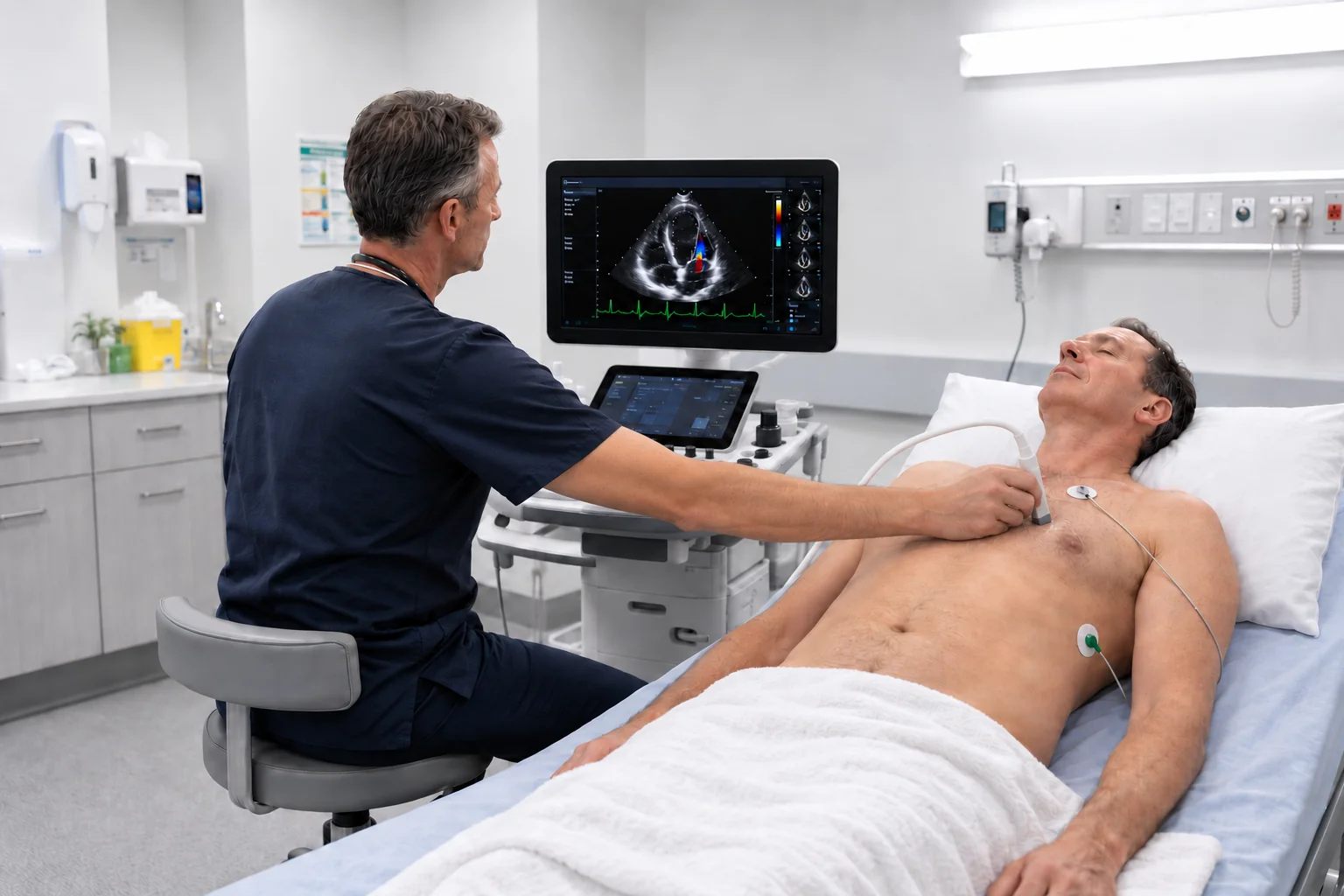 A clinician performs an echocardiogram on a patient in a hospital bay, with the heart shown on the ultrasound screen