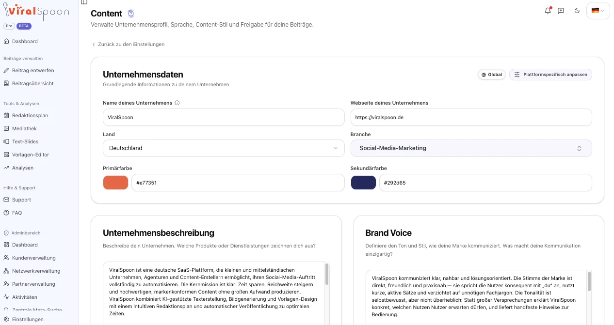 Unternehmensprofil in ViralSpoon mit Beschreibung, Brand Voice und Markenfarben