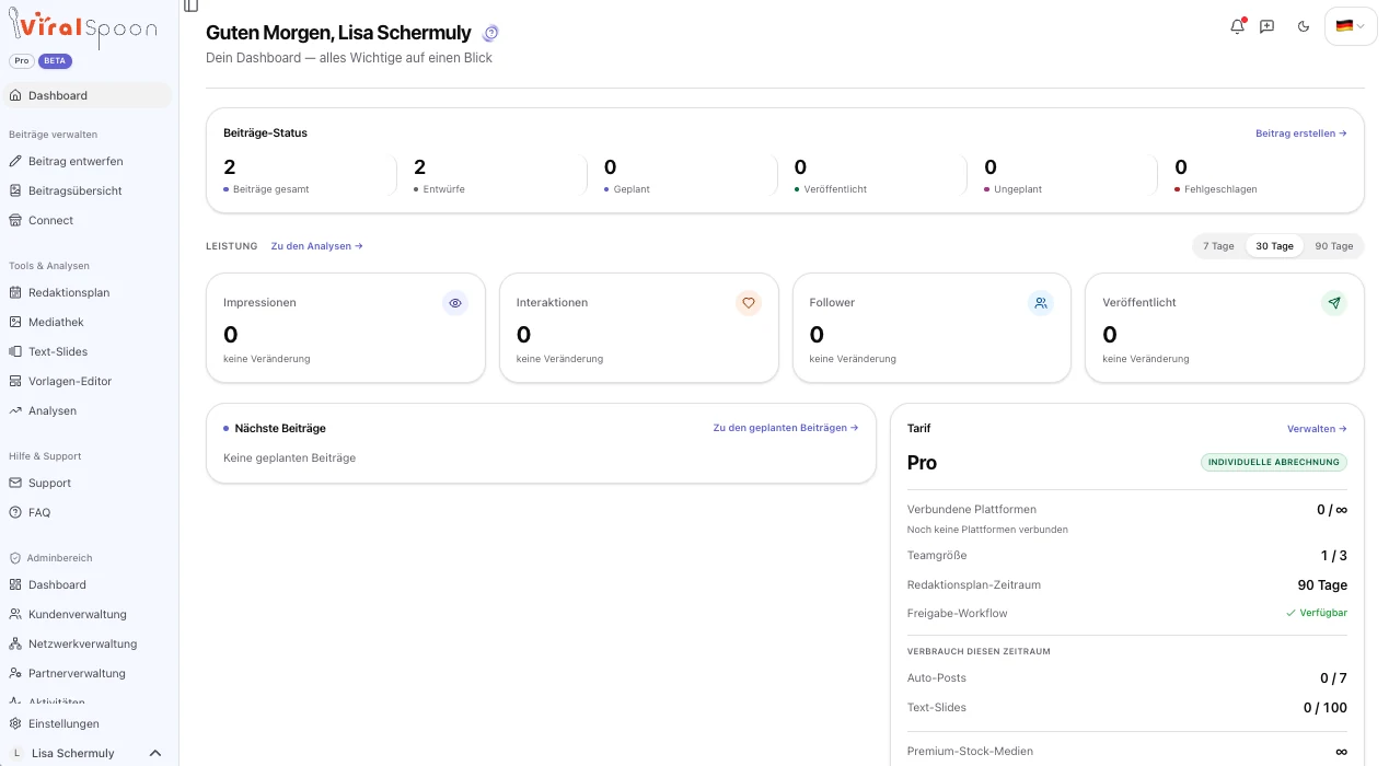 ViralSpoon-Dashboard mit Beitragsstatus, Kennzahlen und Tarif