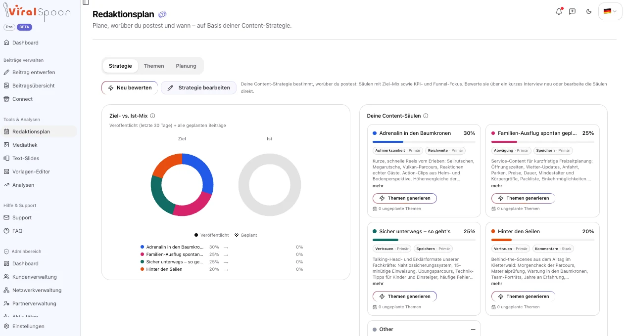Redaktionsplan in ViralSpoon mit Content-Säulen und Ziel-Mix
