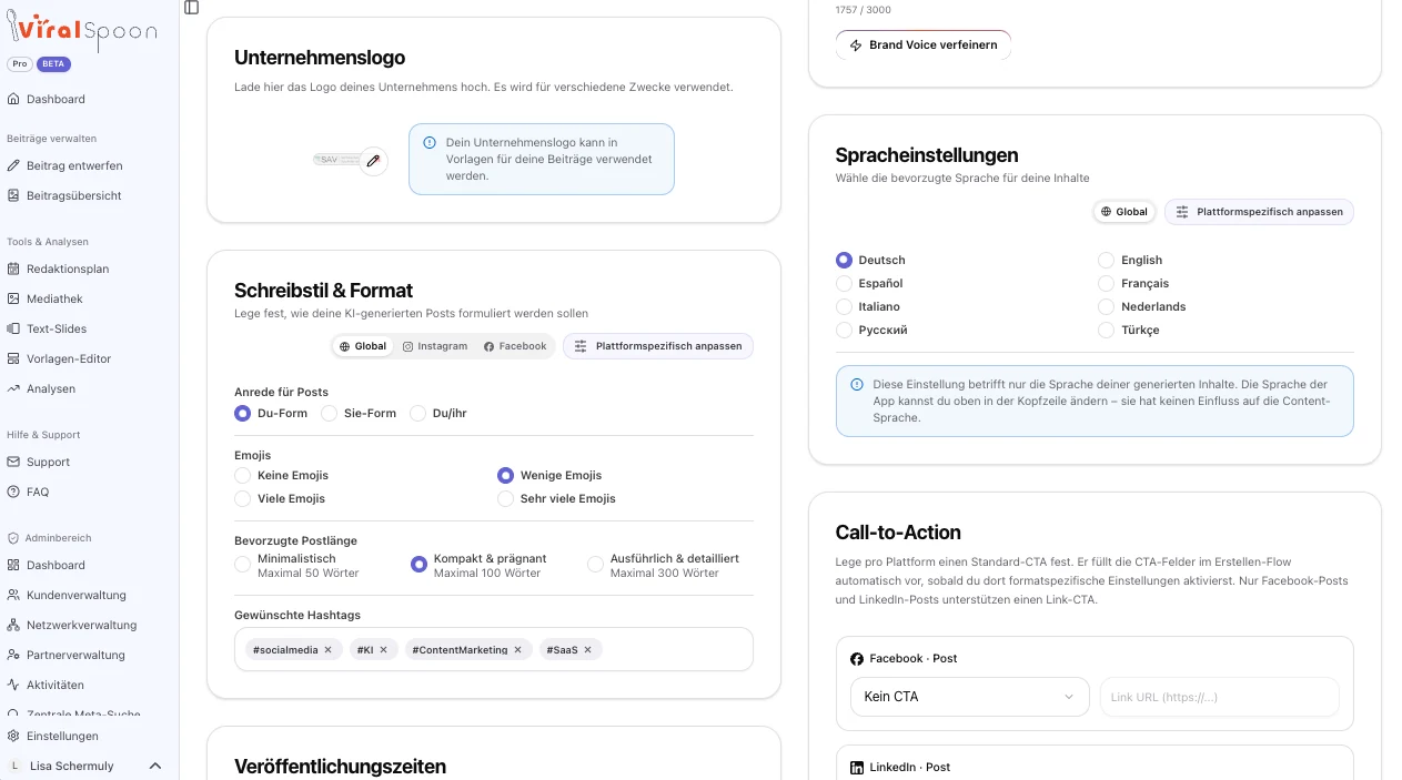 Schreibstil-Einstellungen in ViralSpoon: Anrede, Emojis, Postlänge und Hashtags