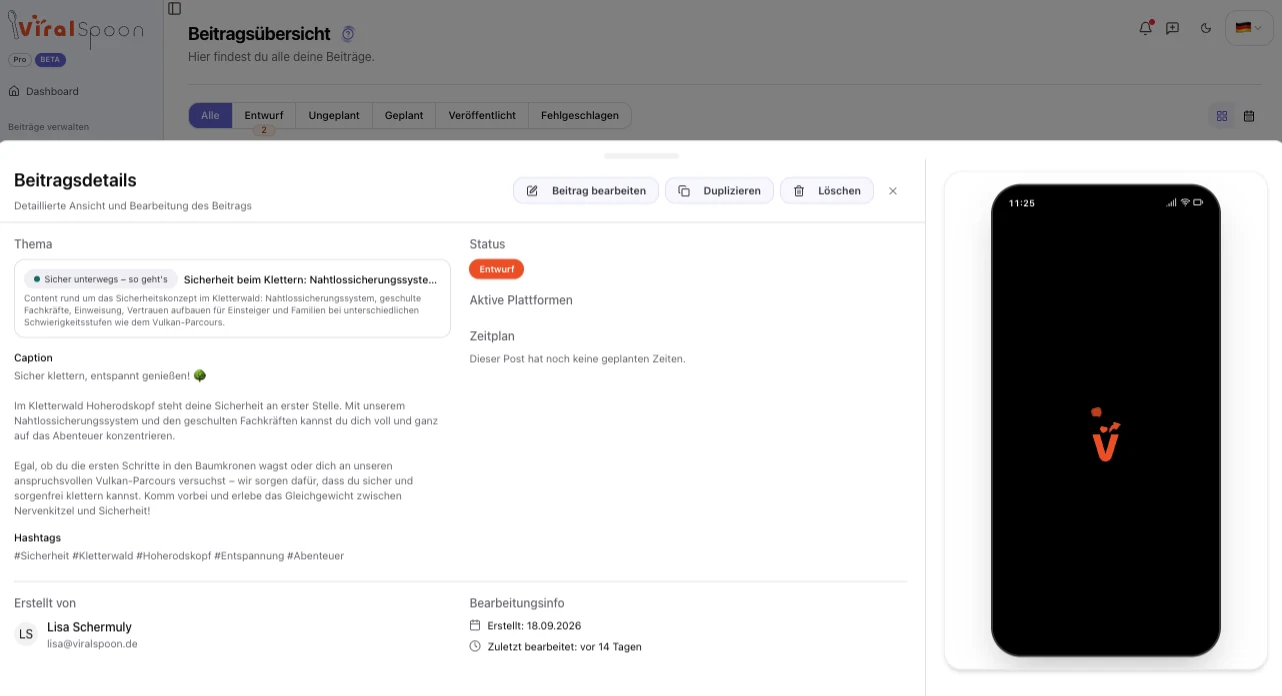 Beitragsdetails in ViralSpoon mit Caption, Hashtags und Status