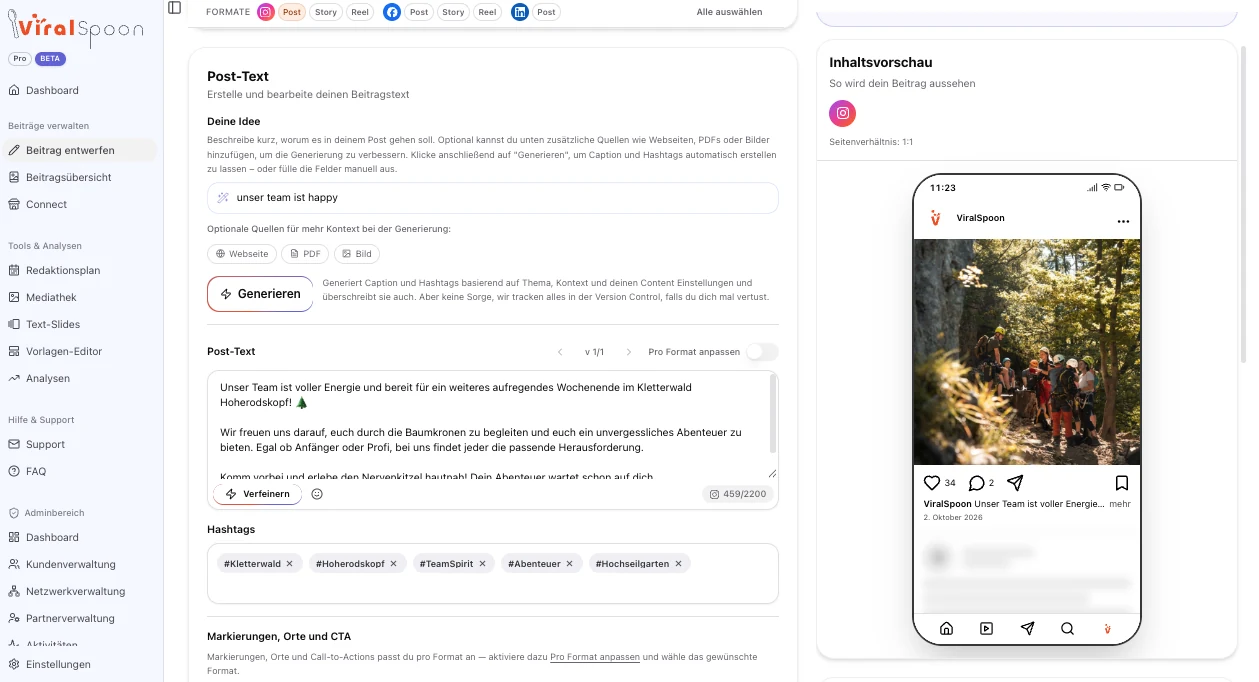 Beitrag entwerfen in ViralSpoon mit KI-Text und Instagram-Vorschau