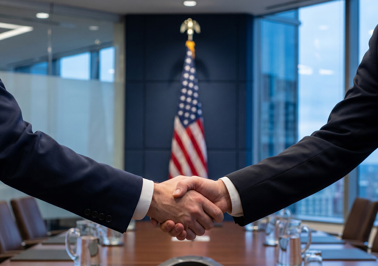 Two people in business suits shaking hands across a conference table in a modern office with an American flag in the background.