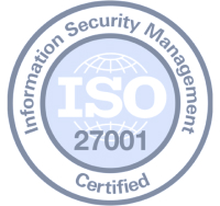 ISO 27001 certification seal for information security management, showing a globe symbol and surrounding text.