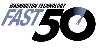 Logo with text 'Washington Technology FAST 50' featuring a stylized speedometer needle within the number 0.