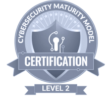 Cybersecurity Maturity Model Certification Level 2 badge featuring a shield with digital circuit icons and stars above it in a circular design with a banner below.