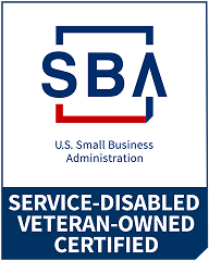 Logo of the U.S. Small Business Administration's Service-Disabled Veteran-Owned Certified program, with SBA initials in blue and a red underline above the text.