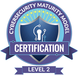 Emblem with a blue shield featuring circuit lines and nodes, surrounded by a circular band with stars and the text 'Cybersecurity Maturity Model Certification' and a ribbon below stating 'Level 2'.