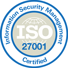 ISO 27001 certified badge with a globe symbol and the text 'Information Security Management' around the circle in blue.